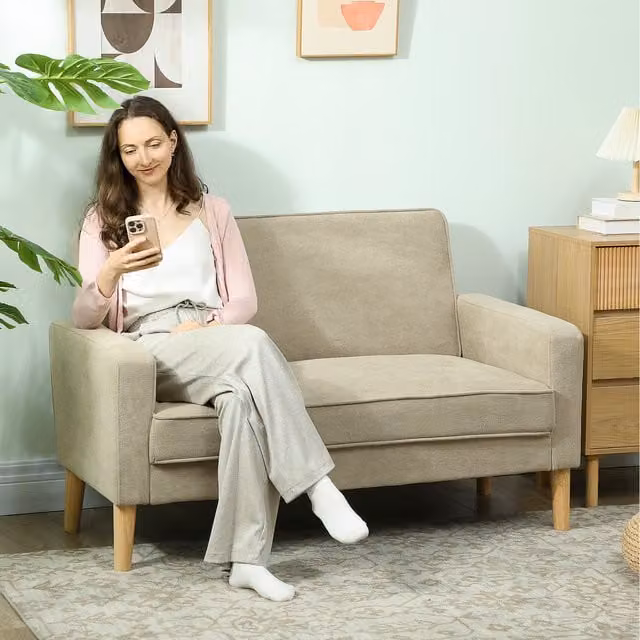 HOMCOM 2 Seater Velvet Upholstered Sofa in Beige with Rubberwood Legs