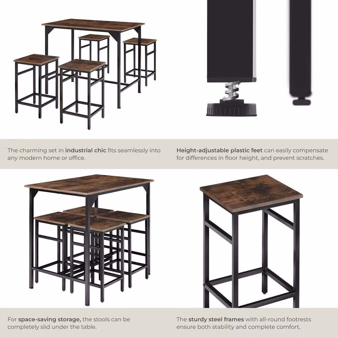 tectake Edinburgh Dining Table and 4 Bar Stools Set in Brown – 5