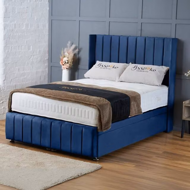 BSSPOKE Zoe Ottoman Divan Bed in Blue Plush Velvet, Double Size, W/D/H: 140 x 200 cm