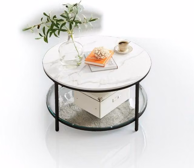 Modcraft Modern Round Marble Storage Coffee Table in White and Black