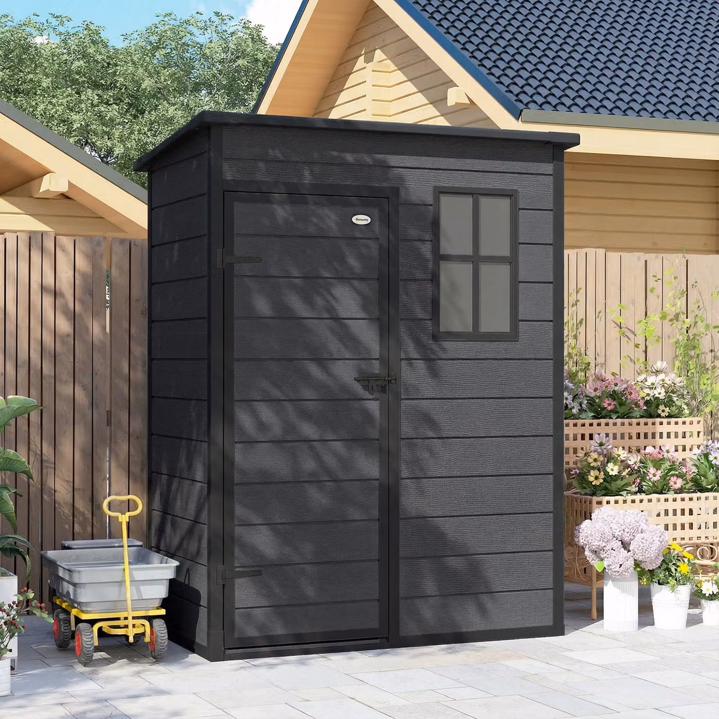 Outsunny Dark Grey Garden Storage Shed with Floor, Window and Lockable Door, W: 152.4 cm, D: 91.44 cm, H: 152.4 cm – 7