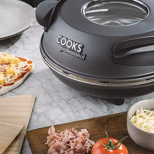 Cooks Professional 1200W Electric Pizza Oven with 31cm Stone Base, Timer and Glass Window in Grey – 8