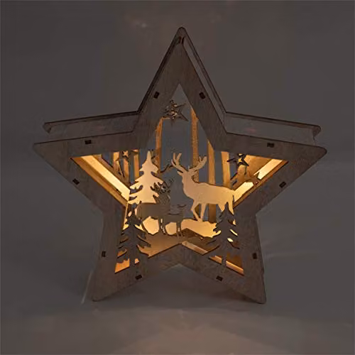 Netagon Battery Powered Wooden Light Up Christmas Star in Beige and Multicolour – 2