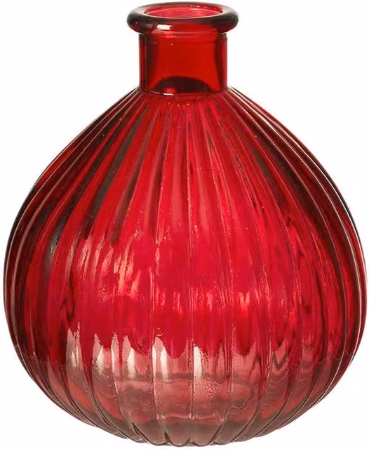 Kingsbury Gifts Red Ribbed Round Glass Tabletop Vase, Height: 15 cm