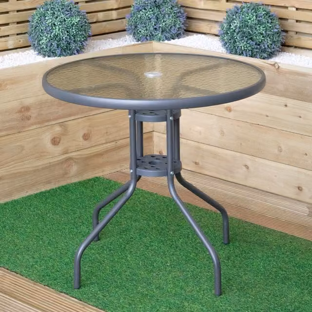 Samuel Alexander 4 Person Outdoor Round Garden Table with Glass Top in Grey, W/D/H: 80 x 80 x 72 cm – 1
