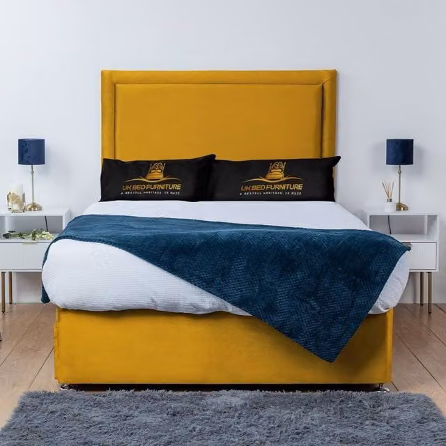 UK Bed Furniture Ascot Divan Bed Base with 26 Inch Headboard, Yellow Velvet Fabric, Single, W/D/H: 90 x 190 x 66.04 cm