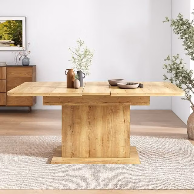 Merax Extendable Rectangular Dining Table with Built-In Storage in Light Oak