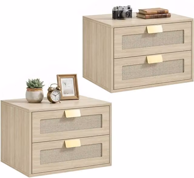 HOMCOM Set of 2 Modern Wall-Mounted Floating Nightstands with 2 Drawers in Natural Oak – 1