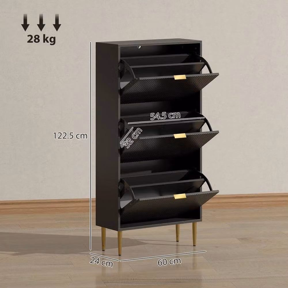 KORVIXA Modern Black and Gold Shoe Storage Cabinet with 3 Tilting Compartments for Hallway, W/D/H: 100 x 24 x 100 cm – 2