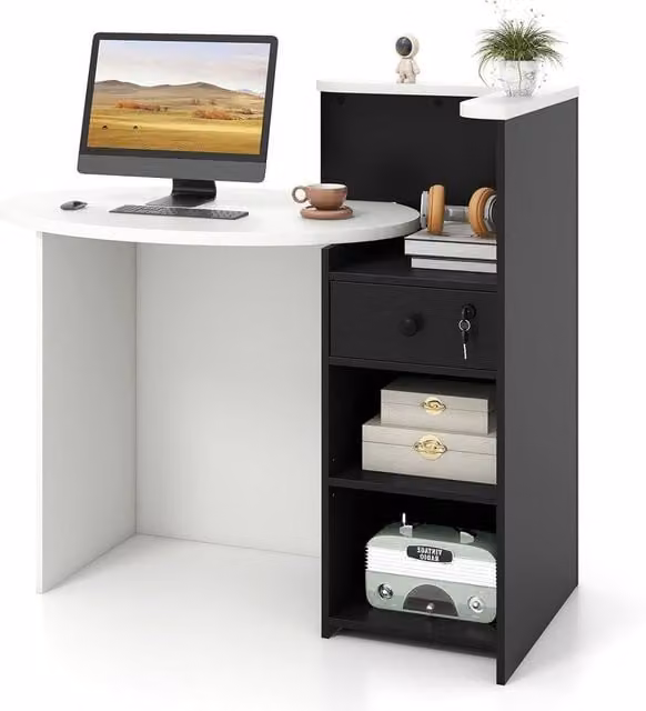 Gymax Oval Reception Counter Desk with Lockable Drawer and Adjustable Shelf in Black – 1