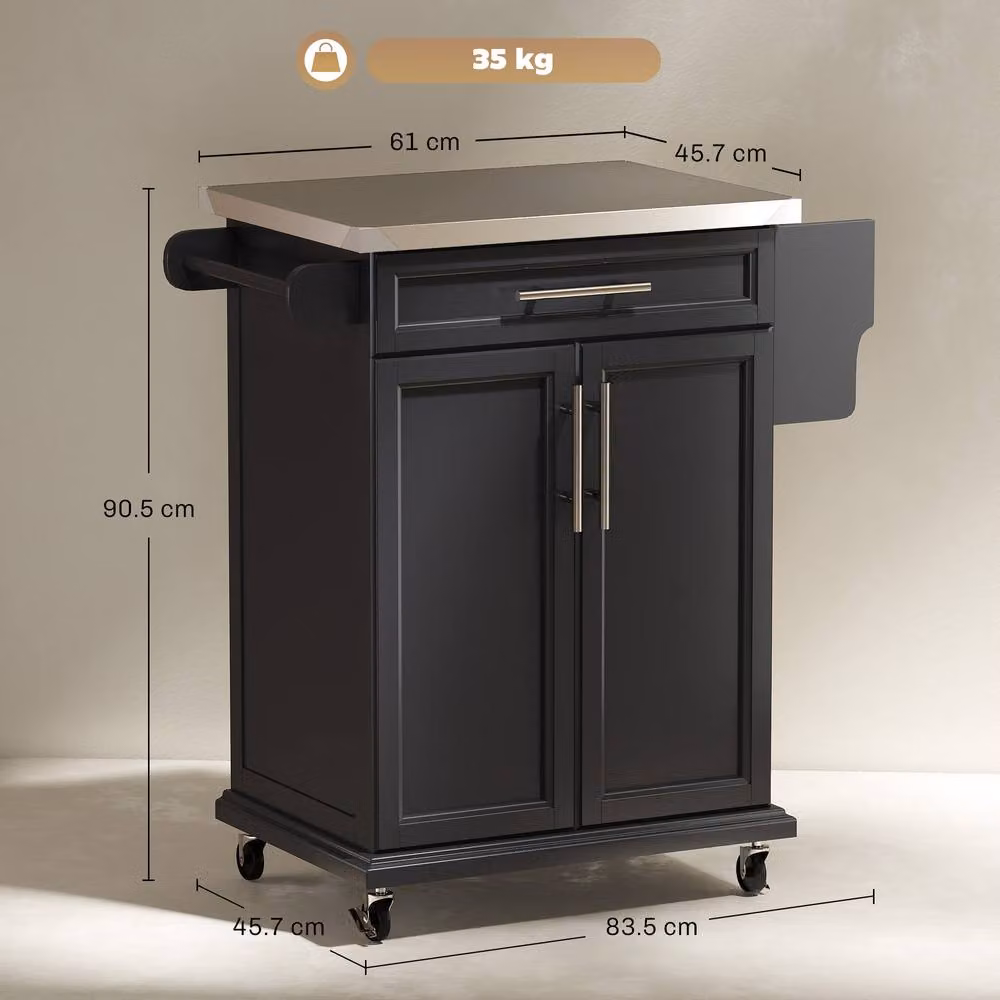 ERGOVEXA Modern Wooden Kitchen Island on Wheels with Drawer in Black, H 90.5 x W 83.5 x D 45.7 cm – 2