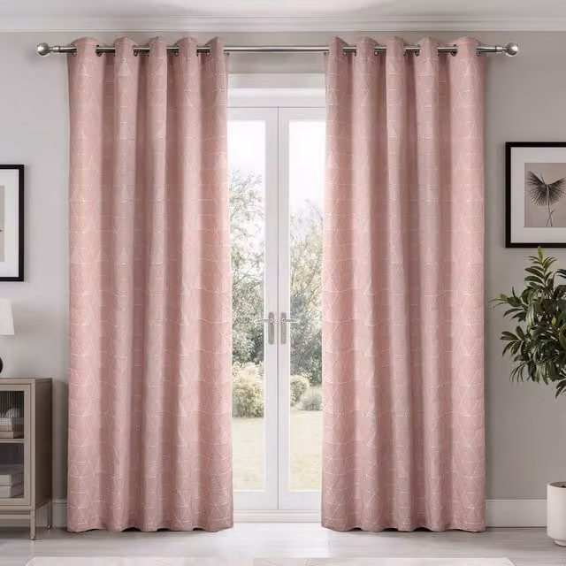 New Edge Blinds Siena Geometric Unlined Jacquard Eyelet Curtains in Blush Pink, W: 228 cm, H: 228 cm – 1
