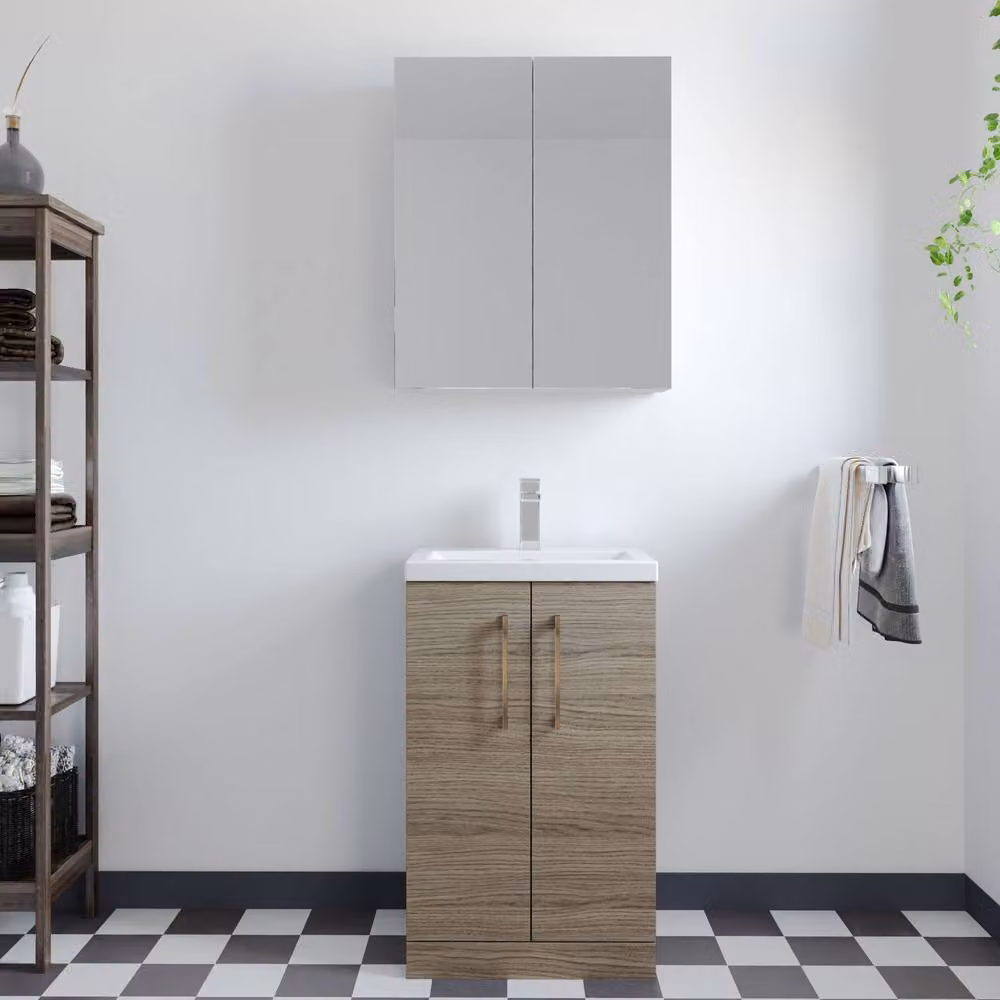 Balterley Modern Mid Oak Bathroom Vanity Basin Unit with Brushed Bronze Handles, Brown, Width: 50 cm – 2