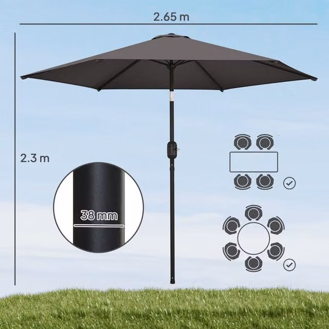 Outsunny 2.6m Garden Parasol Umbrella with Aluminium Pole and Tilt Function in Black