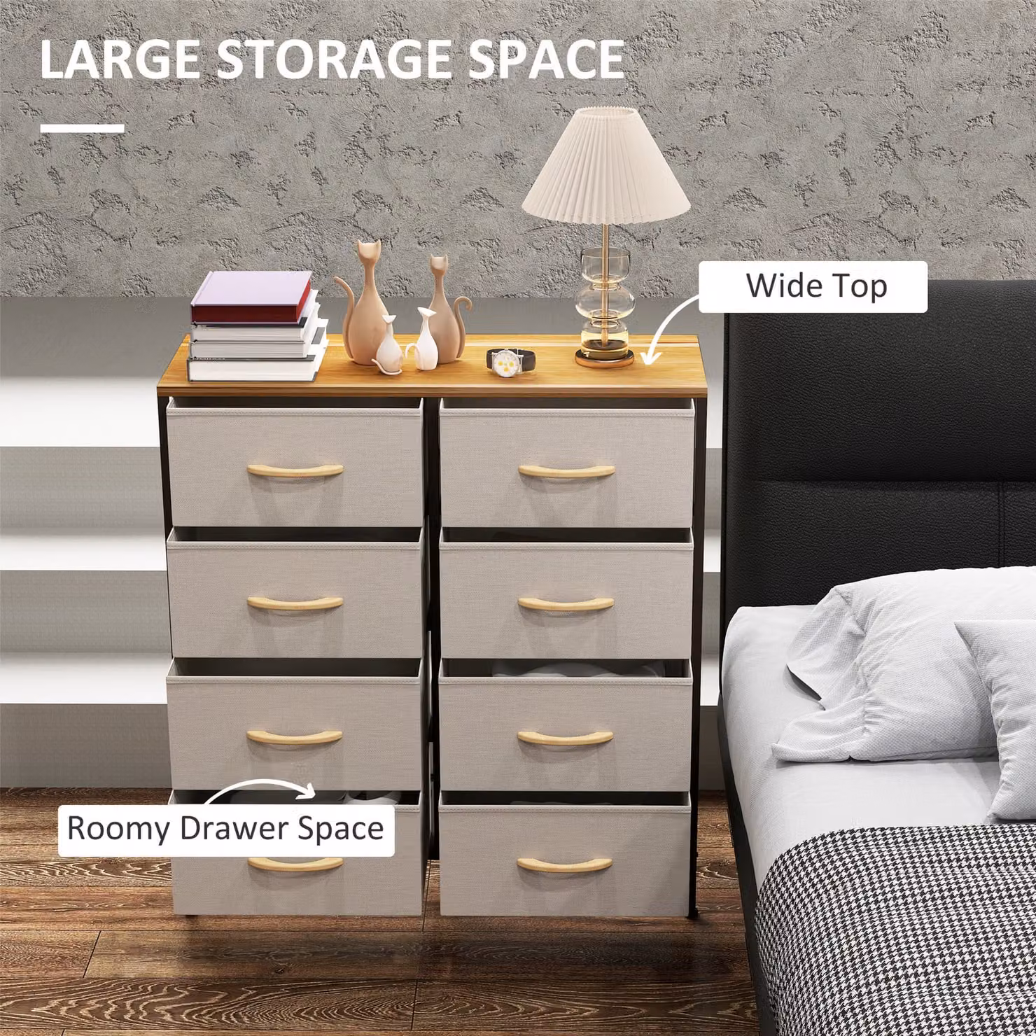HOMCOM Industrial Fabric Chest of Drawers with 8 Drawers, Steel Frame and Wooden Top in Cream White – 4