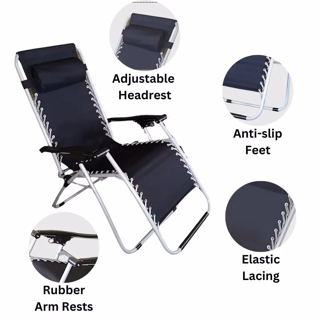 Marco Paul Pack of 2 Reclining Garden Sun Loungers with Padded Headrests in Black and Silver – 5