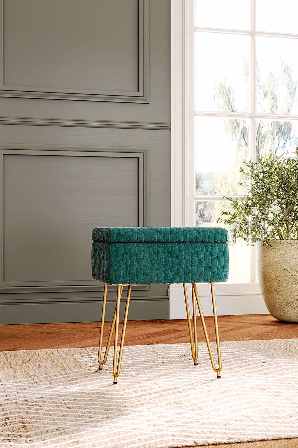 Livingandhome Green Velvet Upholstered Rectangular Storage Ottoman Vanity Stool with Metal Frame – 2