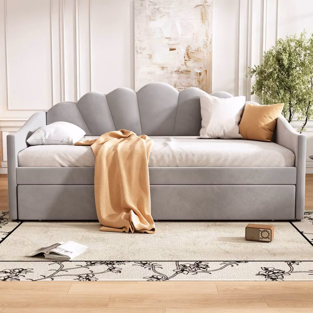 ModernLuxe Upholstered Single Daybed with Trundle Bed in Grey Velvet Fabric – 2