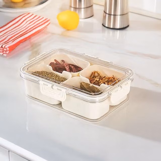 Lifeideas Plastic Fridge Storage Container with Removable Compartments and Clip, White, Width: 14 cm, Depth: 14 cm