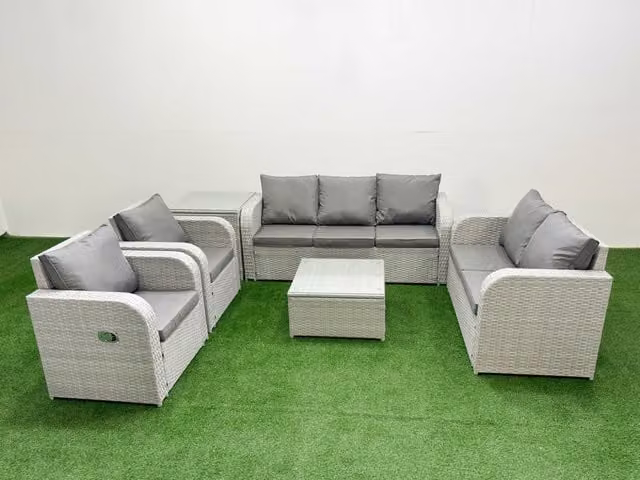 Fimous PE Rattan Garden Furniture Set in Light Grey with Upholstered Cushions, 2 Seater Sofa, Armchair, and Coffee Table