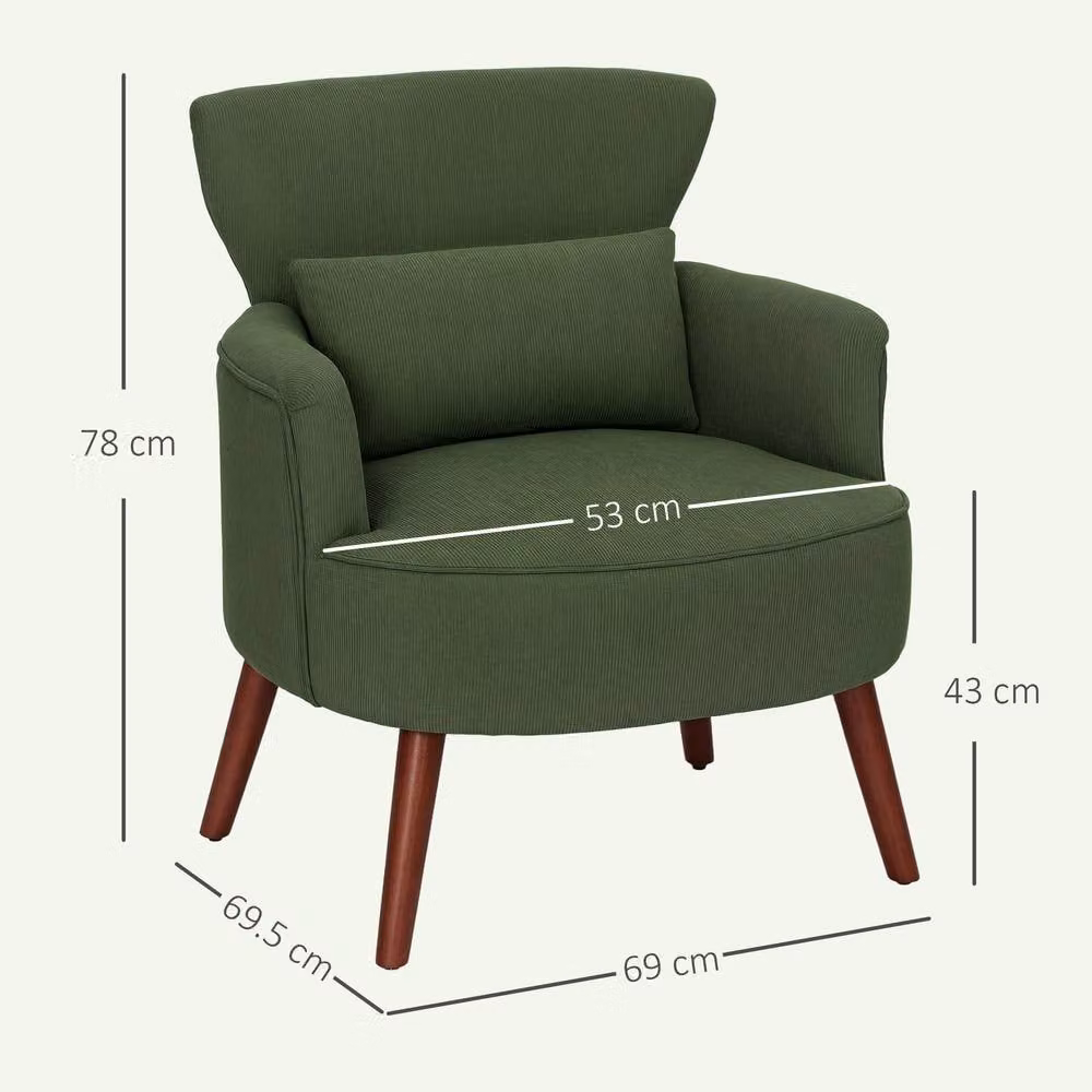 ERGOVEXA Retro Corduroy Tub Accent Chair in Green with Solid Wood Frame, W/D/H: 78.0 x 69.0 x 69.5 cm – 1