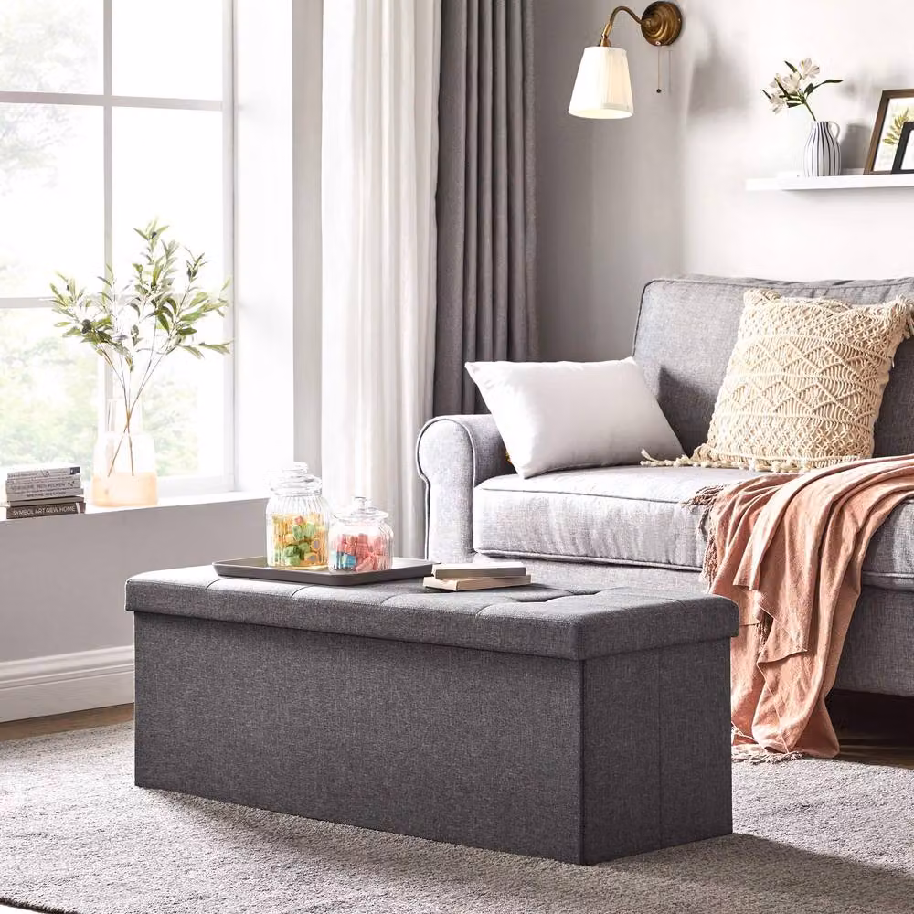 Dprodo Linen Storage Ottoman and Folding Foot Rest Stool in Dark Grey, W/D/H: 110 x 38 x 38 cm – 2