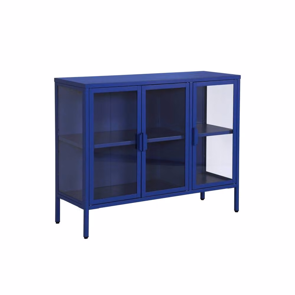 Sweekeek Industrial Metal and Tempered Glass Sideboard with 3 Doors, Blue, W: 100 cm – 2