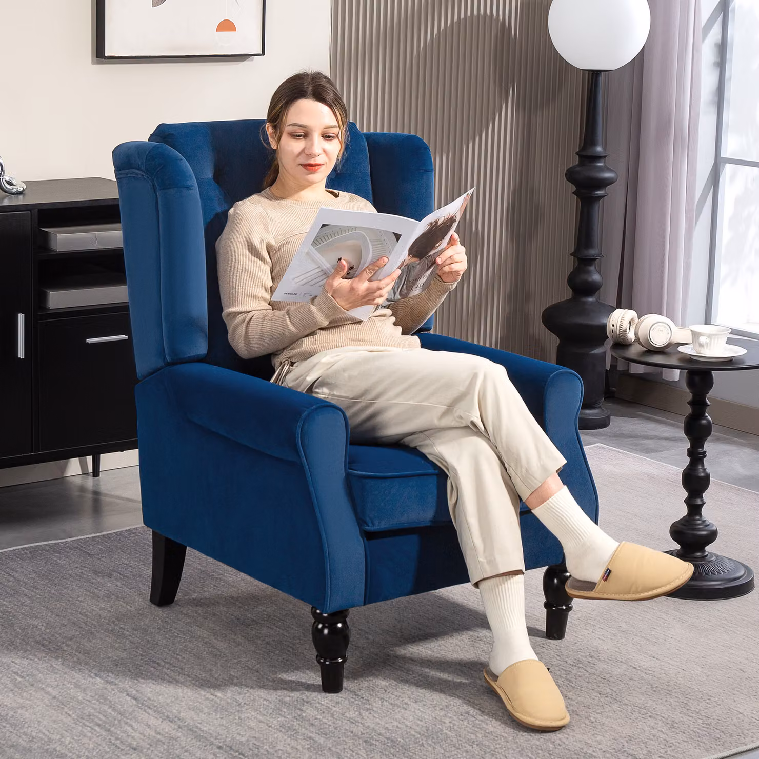 HOMCOM Retro Blue Velvet Wingback Accent Chair with Button Tufting and Solid Wood Frame – 2