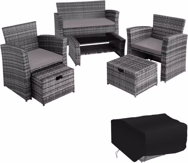 tectake Modern Rattan Garden Furniture Set in Grey with Metal and Glass Details for 7 Adults – 8