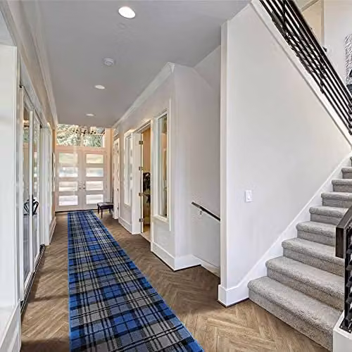 runrug Tartan Blue Hallway Runner Rug, W/D/H: 80 x 330 x 0.9 cm
