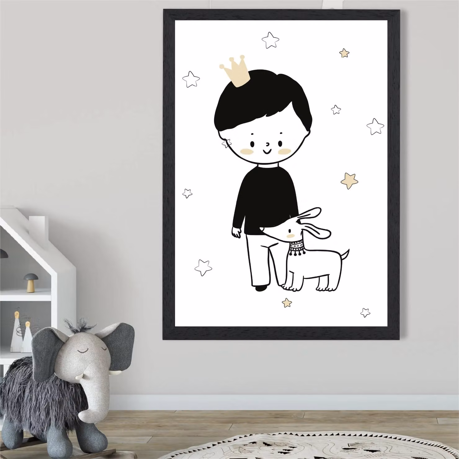 ARTZE Scandi Prince Little Boy with Dog Framed Illustration in Black, White and Beige, A3 Size – 2
