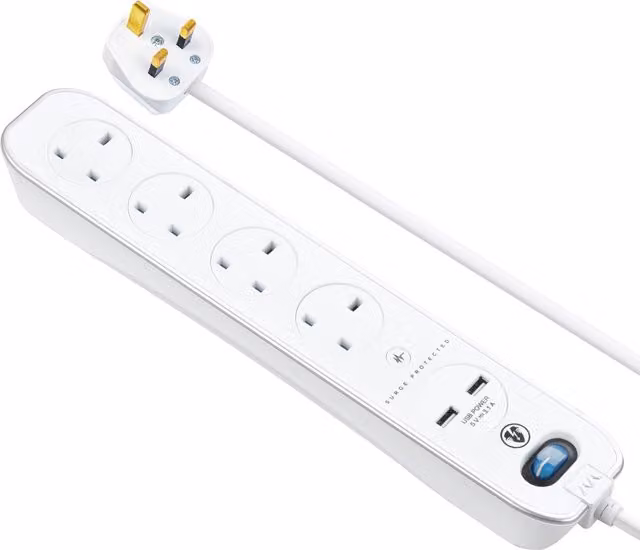 Masterplug 4 Socket Switched Surge Protected Extension Lead with USB, White