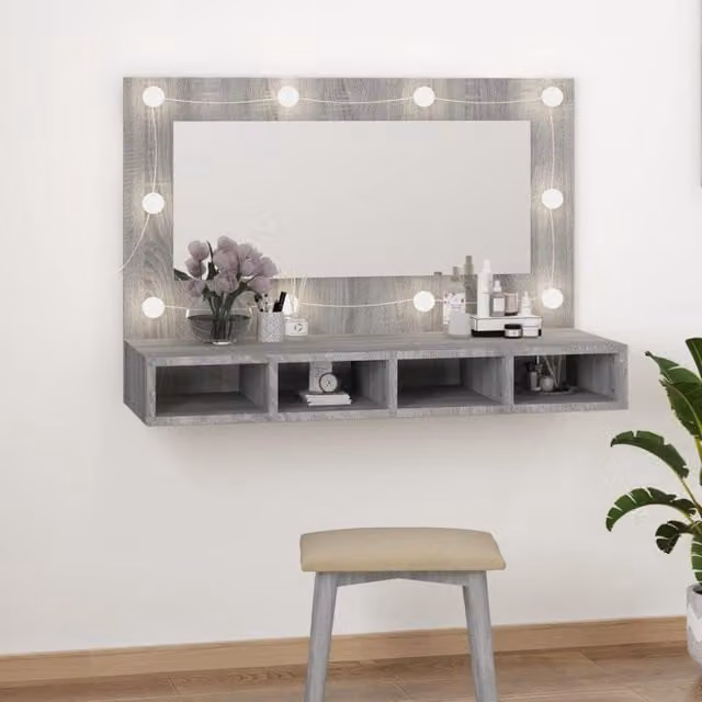 Berkfield Home LED Mirror Cabinet in Grey Sonoma, W/D/H: 90 x 31.5 x 62 cm