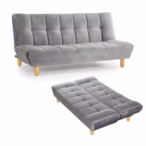 Home Detail Marley 3 Seater Click Clack Sofa Bed in Grey Velvet with Wooden Legs – 1
