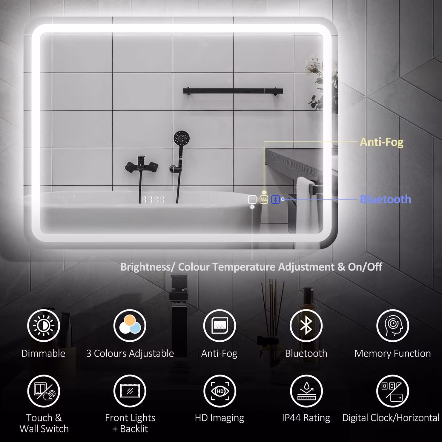 HOMCOM Illuminated Bluetooth Bathroom Mirror with Clock in Silver, W: 80 cm, H: 60 cm – 4