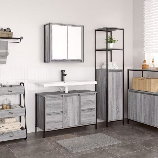 Berkfield Home 2 Piece Modern Grey Bathroom Furniture Set with Vanity Unit and Internal Shelves