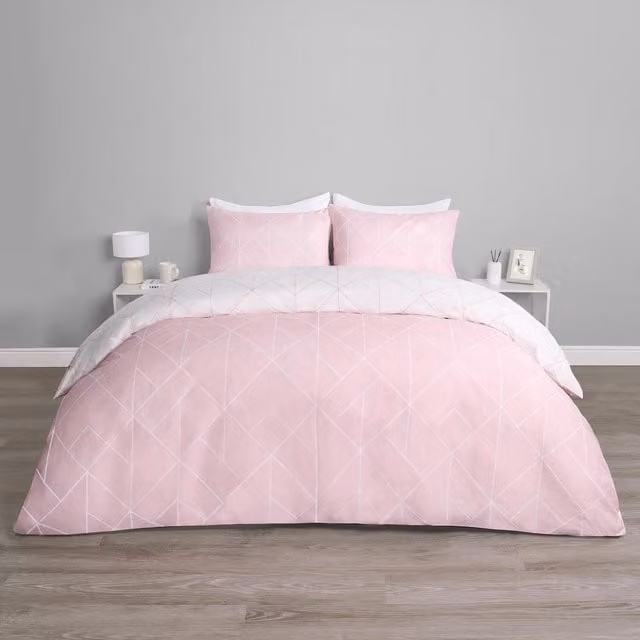 OHS Geo Reversible Graphic Print Polycotton Duvet Set in Pink, 200 x 200 cm