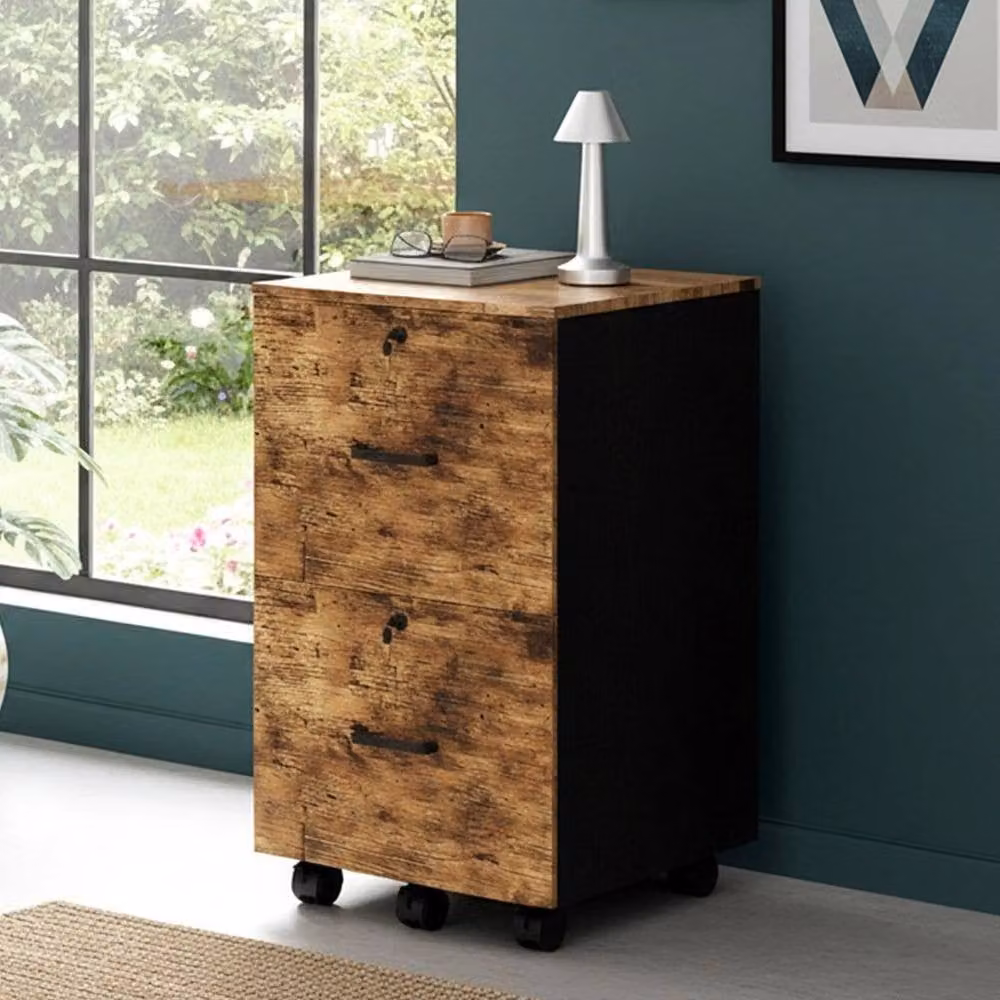 KORVIXA Lockable 2-Drawer Office File Cabinet in Brown Oak Finish with Castors, W/D/H: 100 x 100 x 100 cm – 4