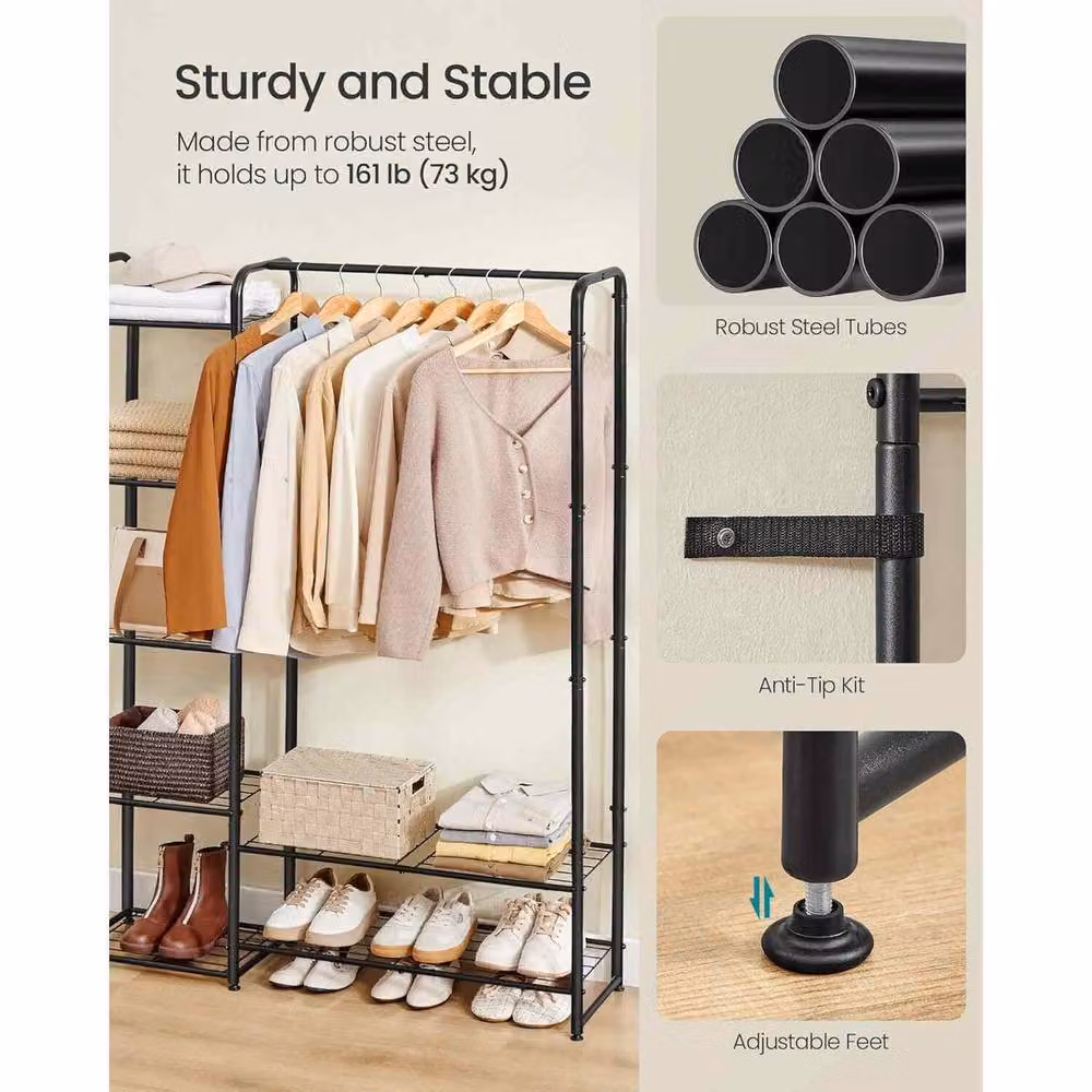 The Bazaarist Open Wardrobe with Clothes Rail and Storage Shelves, Matt Black, H: 158.4 cm x W: 112.0 cm – 3