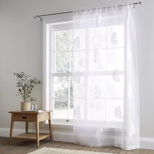 Appletree White Floral Leaf Embroidery Slot Top Voile Fabric Panel, W: 140 cm, H: 183 cm