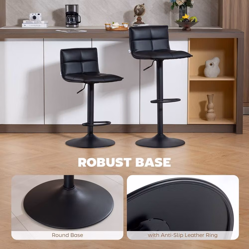 ERGOVEXA Set of 2 Modern Faux Leather Bar Stools in Black with 360 Degree Swivel and Metal Base – 7