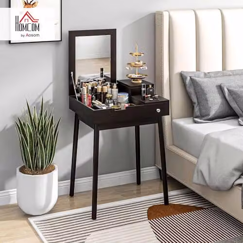 HOMCOM Modern Black Dressing Table with Flip-up Mirror and 2 Drawers – 2