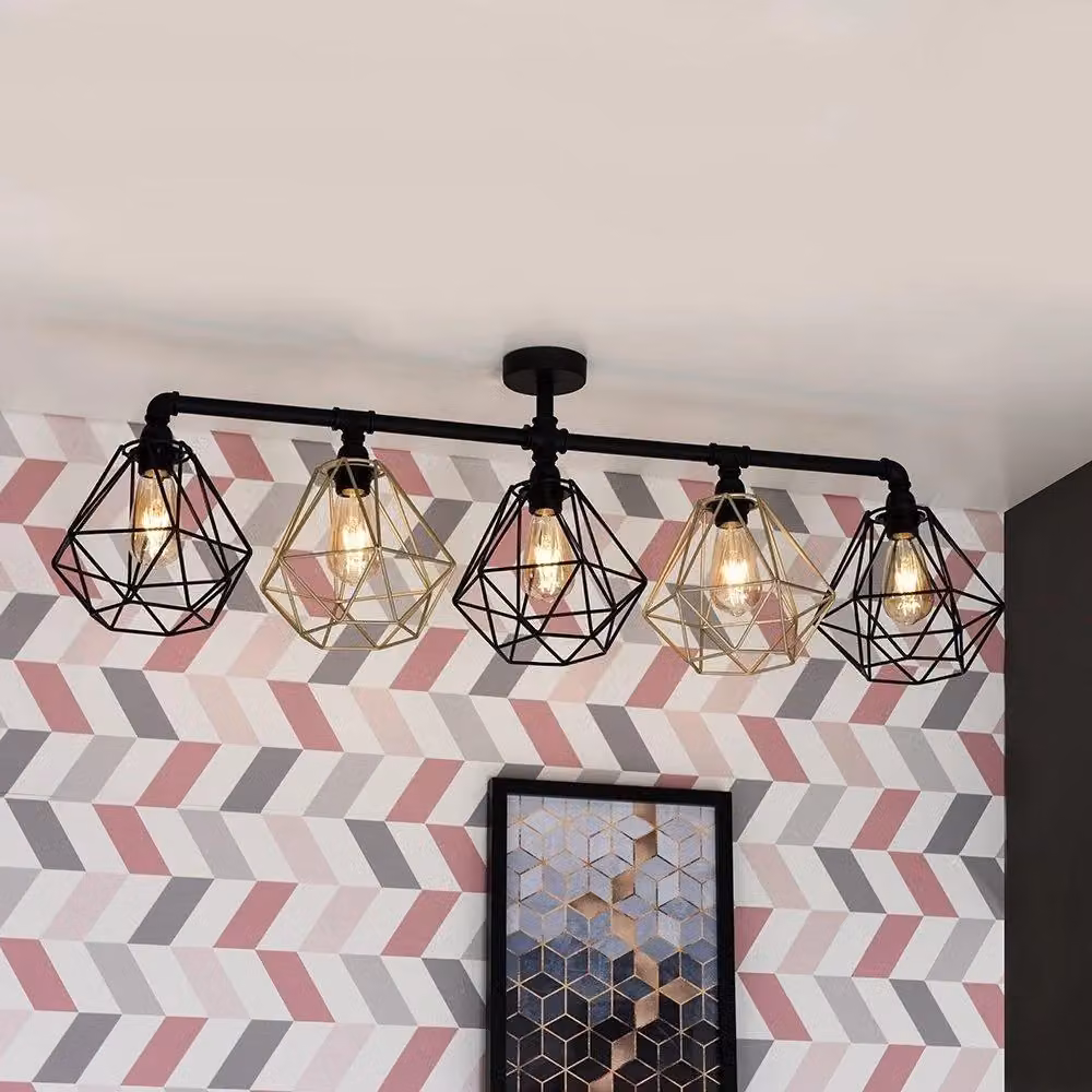 ValueLights Luiggi Industrial Metal Bar Ceiling Light in Black and Gold/Brass – 3