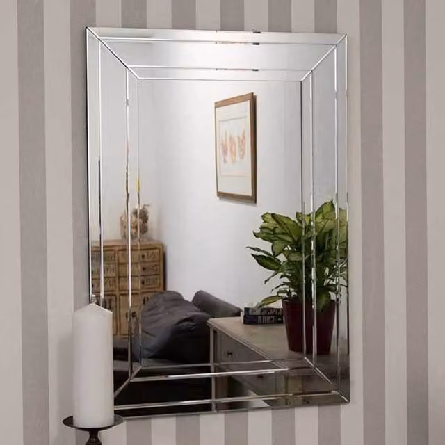 MirrorOutlet Langley Modern Bevelled Rectangular All Glass Wall Mirror in Silver, W/H: 70 x 70 cm