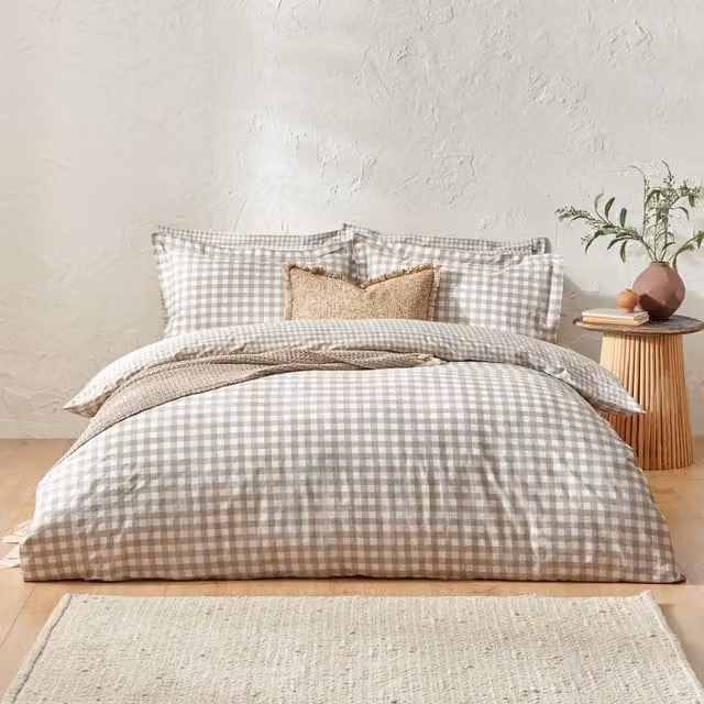 Yard Barton Reversible Gingham Check Duvet Cover and Pillowcase Set in Beige and Sand, 200 x 200 cm