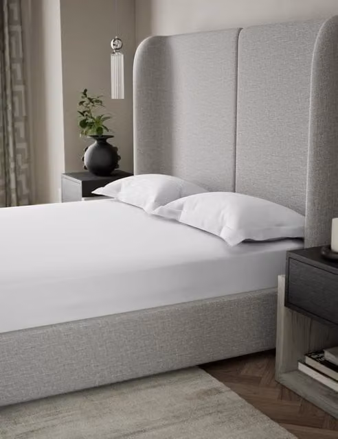 M&S x Kelly Hoppen 500 Thread Count Cotton Mako Satin Deep Fitted Sheet, White, W: 140 cm, L: 200 cm