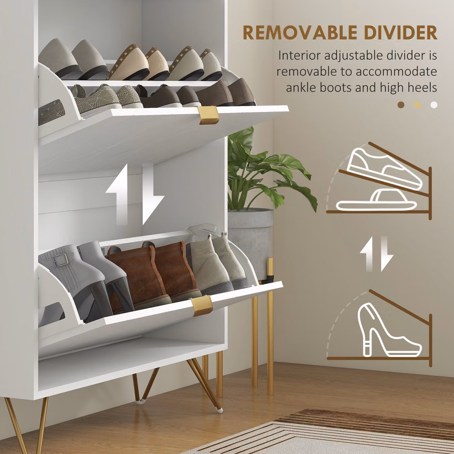 HOMCOM Narrow White Shoe Cabinet with Two Tilting Drawers and Internal Shelves – 4