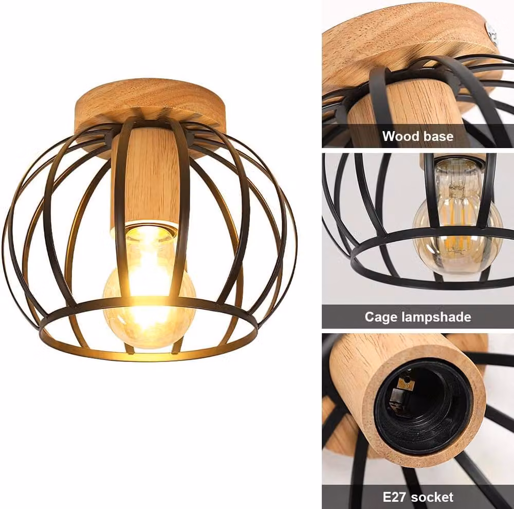 Goeco Vintage Industrial E27 Cage Ceiling Light with Black Metal and Wood Base – 5
