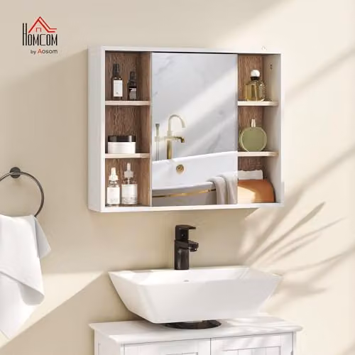 HOMCOM White Wall Mounted Bathroom Mirror Cabinet with Hinged Doors and Internal Shelves W/D/H: 60.0 x 14.5 x 49.4 cm – 2