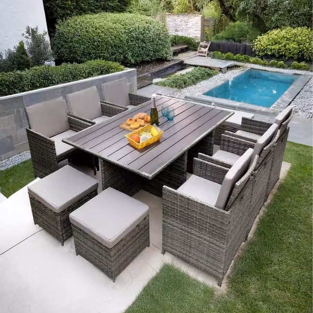 RayGar Deluxe 10 Seater Grey Rattan Cube Garden Furniture Patio Set with Parasol Hole